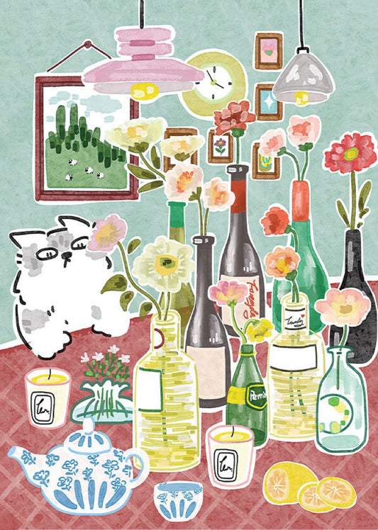 BUBBLE PUZZLE - Glass Bottle Flowers and Cat - 500 Piece Puzzle, cute, wine lover, cat