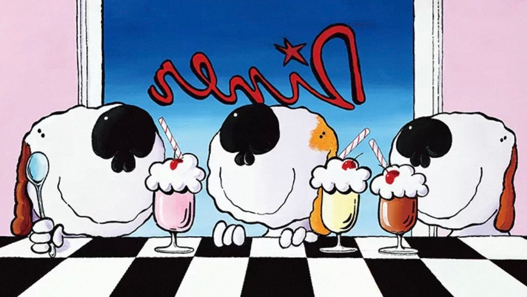 SEREN ART - Dear Friend - 740 Piece Puzzle, friendship, Cartoon dogs with ice cream cones on a checkered floor with a blue wall and pink door. Jim Tweedy