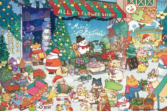 Christmas Market brings a lively and cozy winter Christmas market to life, filled with flower shops, an ice cream stand, decorated Christmas trees, and adorable animal characters celebrating the season.