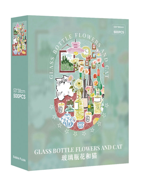BUBBLE PUZZLE - Glass Bottle Flowers and Cat - 500 Piece Puzzle, cute, wine lover, cat
