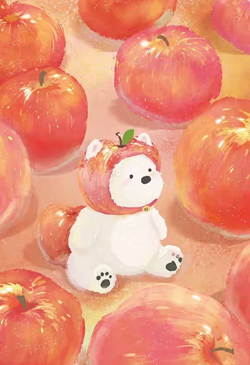 Cartoon polar bear with an apple hat surrounded by red apples on a light pink background