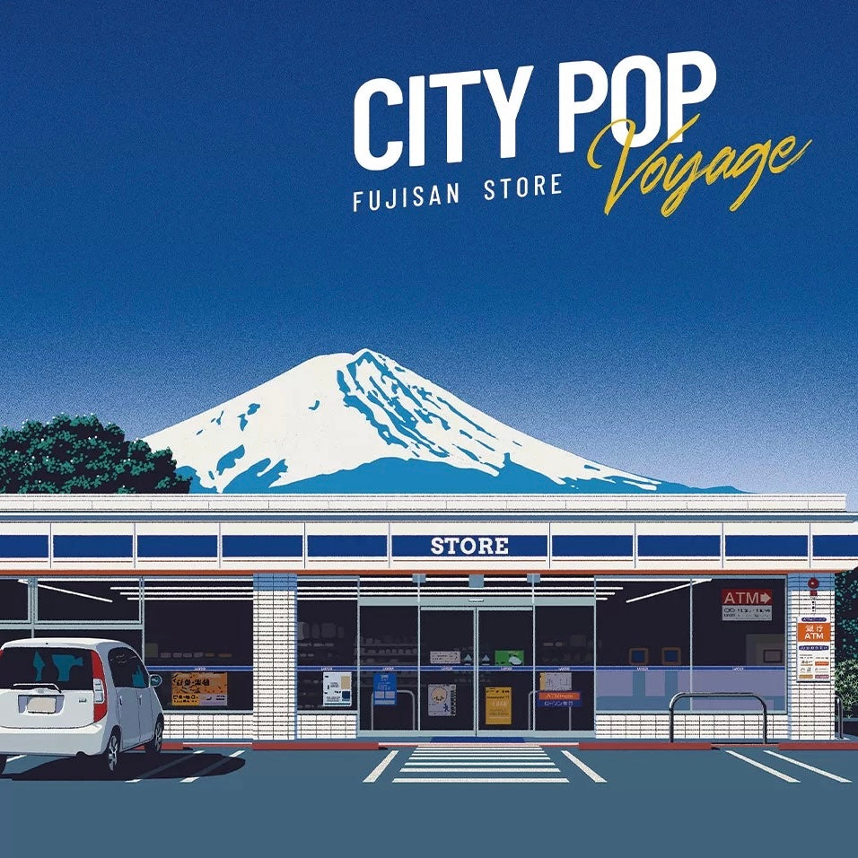 Illustration of a store with Mount Fuji in the background, labeled 'City Pop Fujisan Store Voyage'.