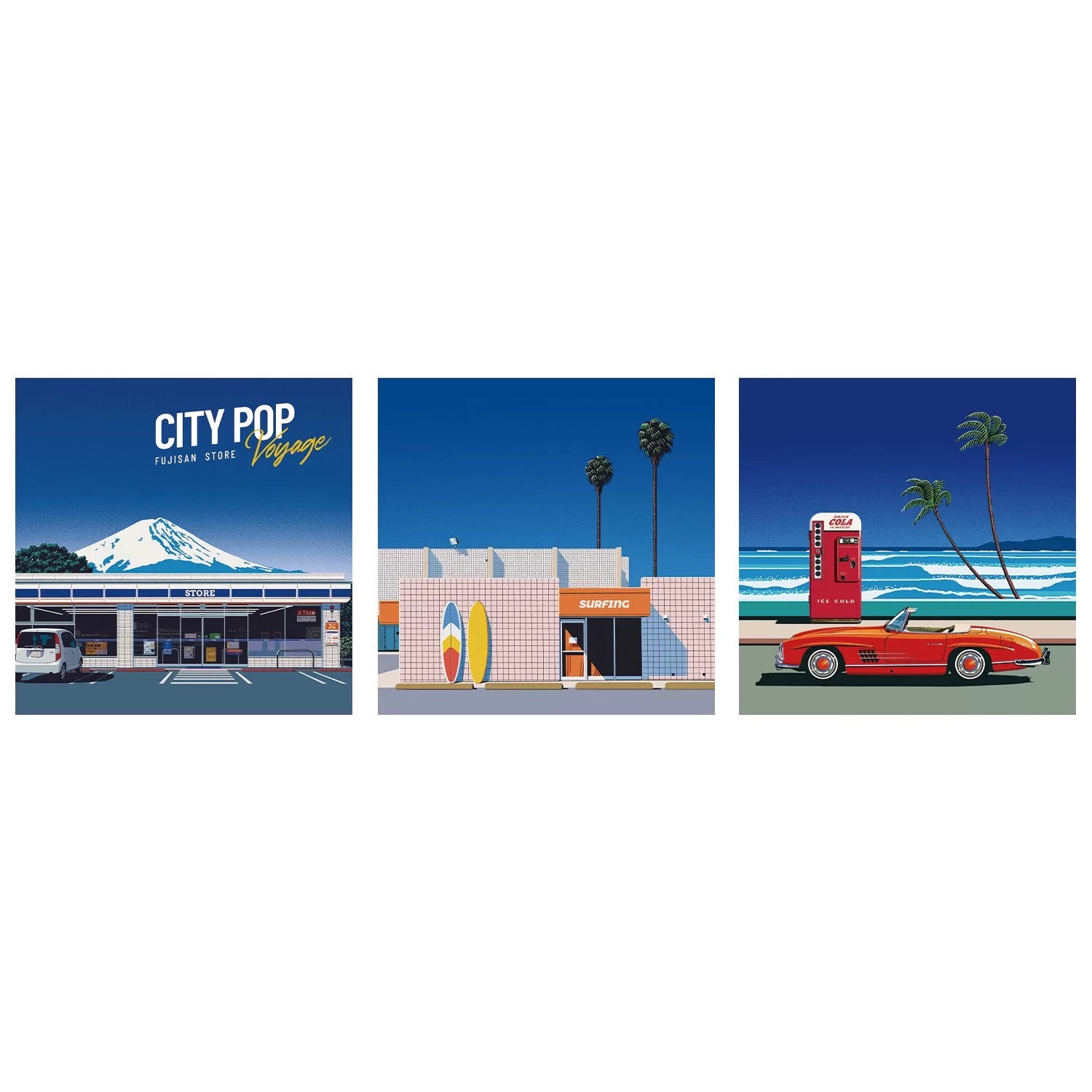 SEREN ART - City Pop Series - 324 Piece Puzzle. Three illustrated scenes of a city street with buildings, palm trees, and a car, featuring the text 'City Pop'.