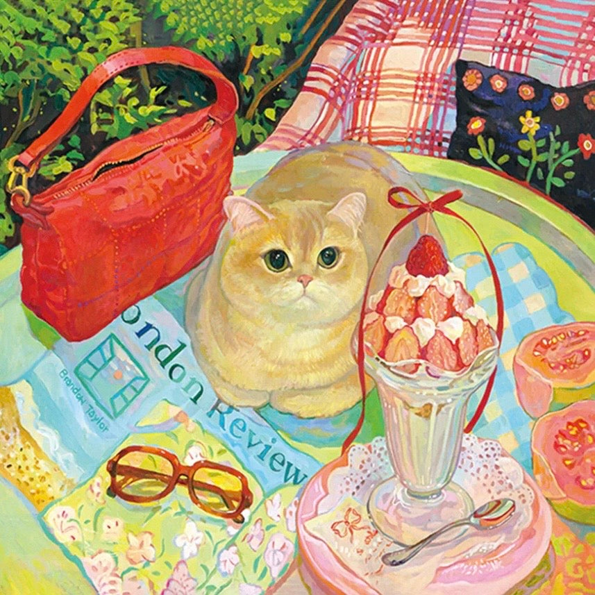 SEREN ART - Toast Cat - 528 Piece Puzzle, Cat sitting on a table with a sundae, magazine, and red handbag in a garden setting, gift, cat lover, home decoration