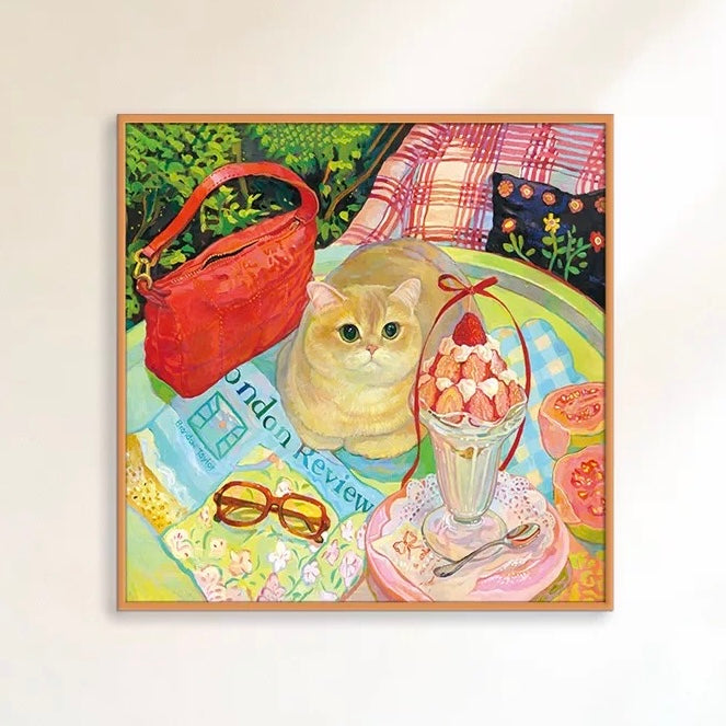 SEREN ART - Toast Cat - 528 Piece Puzzle, Cat sitting on a table with a sundae, magazine, and red handbag in a garden setting, gift, cat lover, home decoration