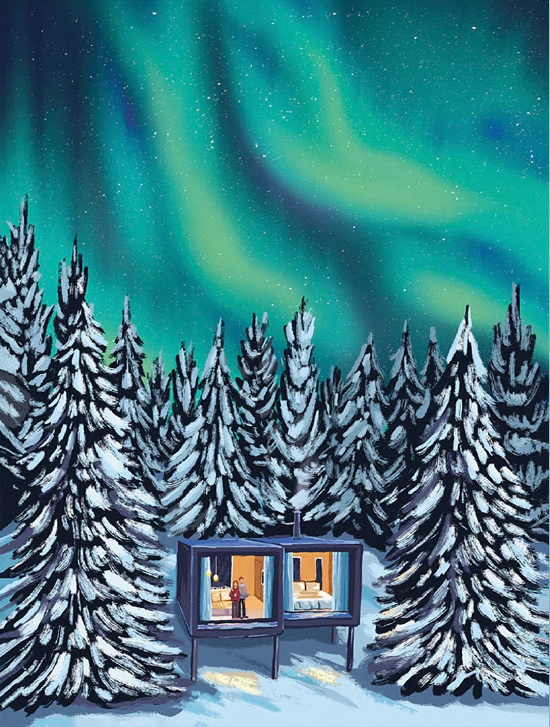 SEREN ART - Winter Night - 500 Piece Puzzle, Winter scene with snowy trees and a small building under the Northern Lights