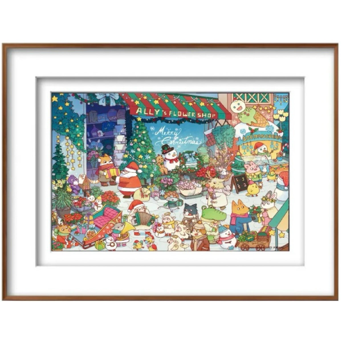 Christmas Market brings a lively and cozy winter Christmas market to life, filled with flower shops, an ice cream stand, decorated Christmas trees, and adorable animal characters celebrating the season.