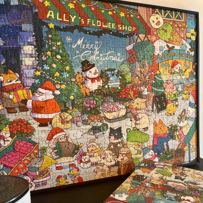 Christmas Market brings a lively and cozy winter Christmas market to life, filled with flower shops, an ice cream stand, decorated Christmas trees, and adorable animal characters celebrating the season.