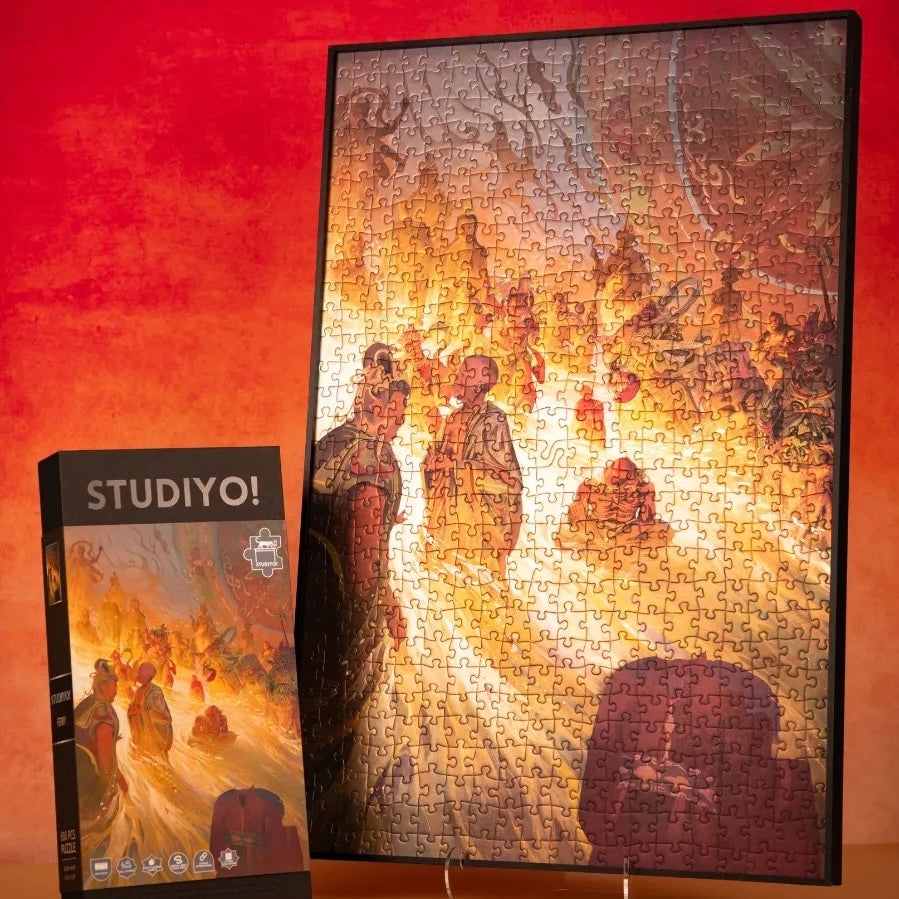Ferry is a 600-piece puzzle from StudiYo!. Art by He Qin. This puzzle is inspired by the idea of “self-awakening, awakening others, and the perfection of awakened conduct.”&nbsp;Crafted with luminous silver cardstock and a soft velvet-touch finish, Ferry combines a smooth, velvety feel with a subtle sheen, enhancing its serene, Eastern-inspired aesthetic and artistic depth.