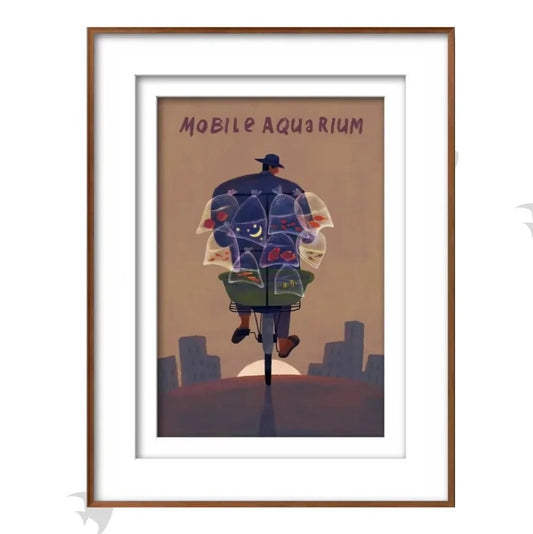 Framed art print titled 'MOBILE AQUARIUM' featuring an illustration of a person floating in a glass aquarium on a pole.